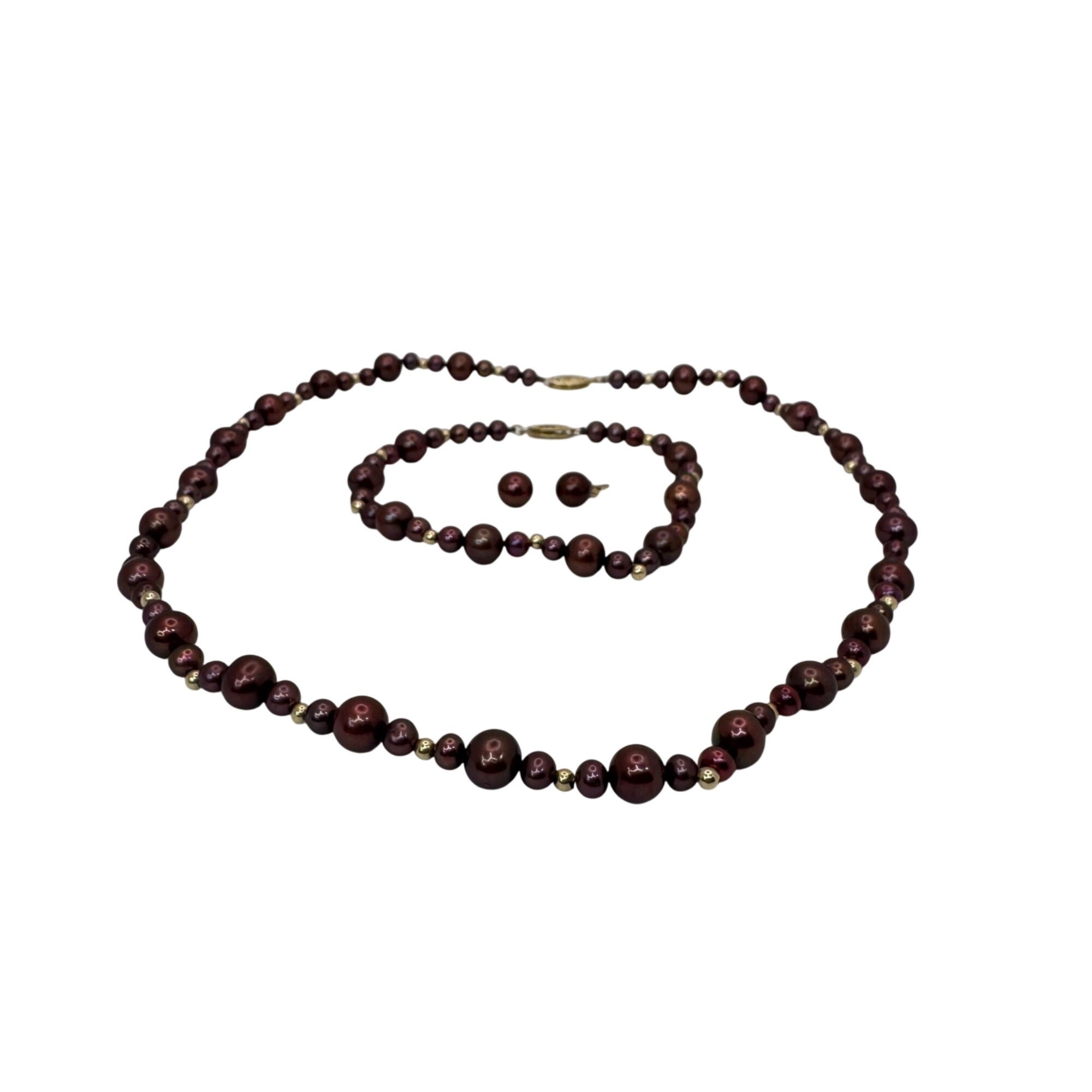 14K Gold Clasp Burgundy Chocolate Pearl Necklace Bracelet & Earrings Jewelry Set
