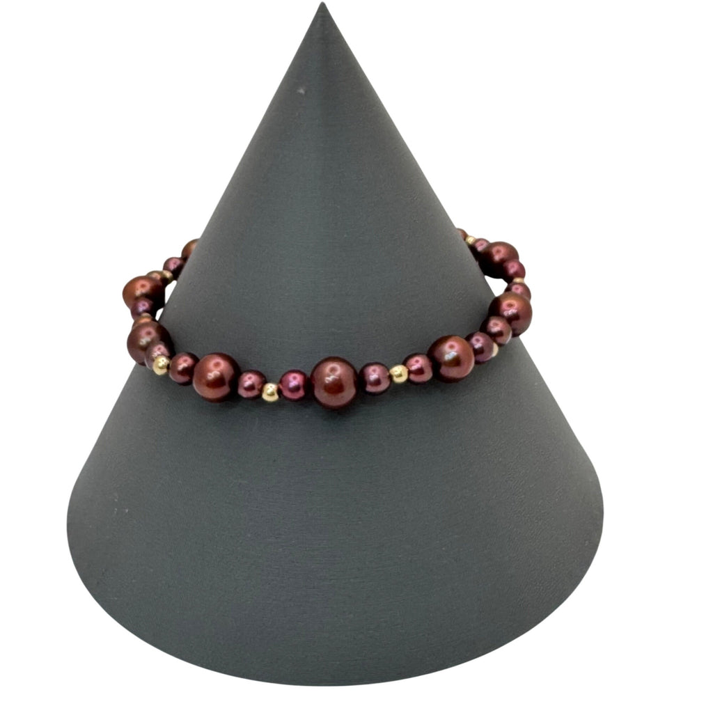 14K Gold Clasp Burgundy Chocolate Pearl Necklace Bracelet & Earrings Jewelry Set