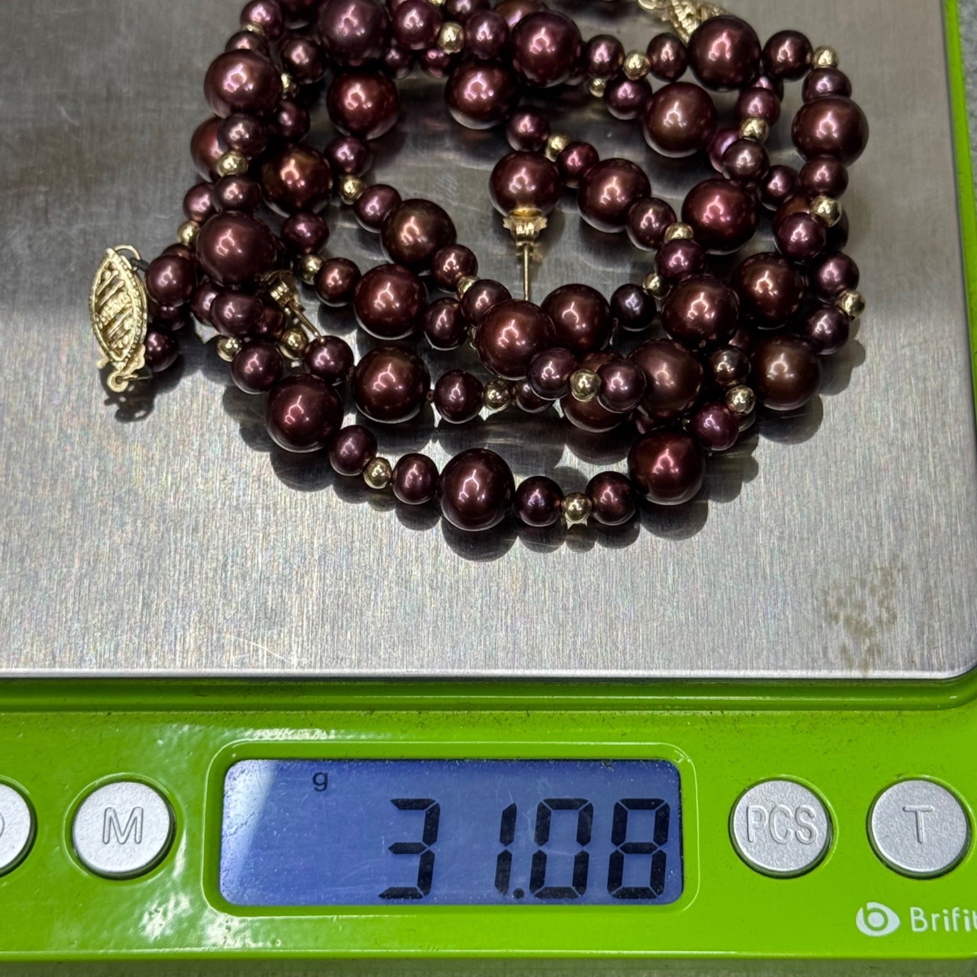 14K Gold Clasp Burgundy Chocolate Pearl Necklace Bracelet & Earrings Jewelry Set