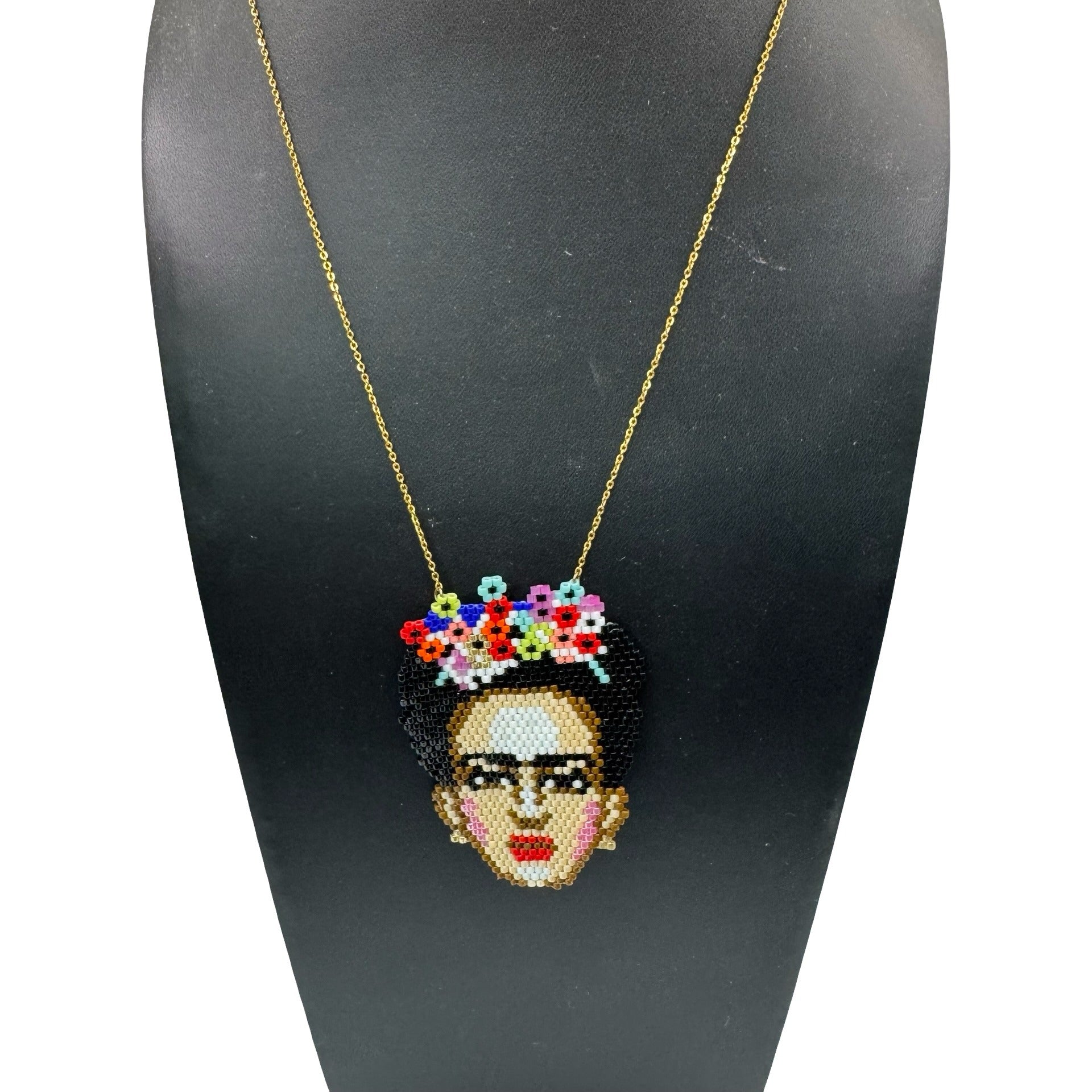 Handmade Beaded Frida Kahlo Pendant Necklace 14K Gold Chain Colorful Floral 18"