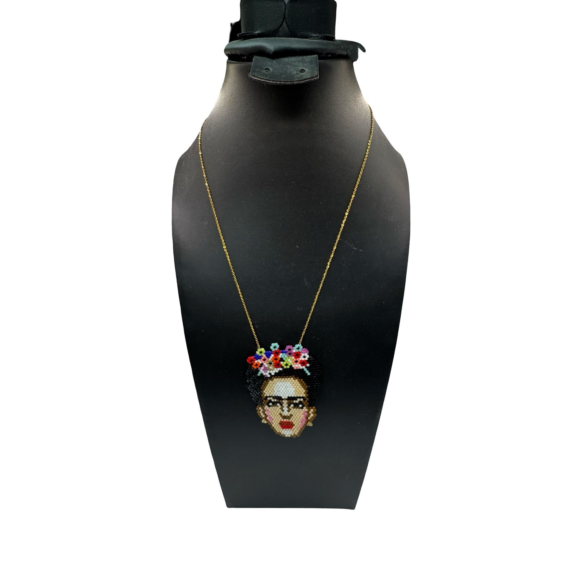 Handmade Beaded Frida Kahlo Pendant Necklace 14K Gold Chain Colorful Floral 18"