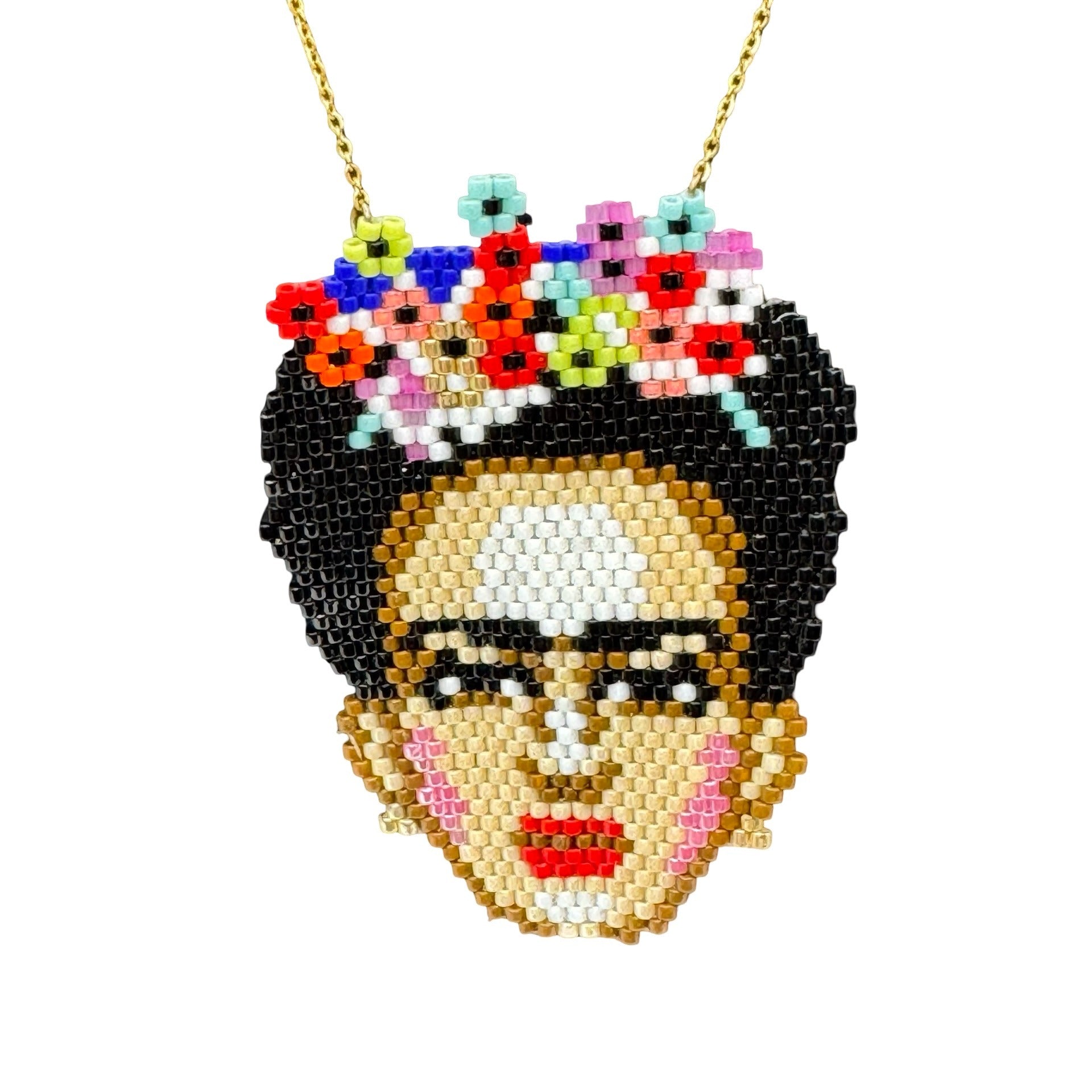 Handmade Beaded Frida Kahlo Pendant Necklace 14K Gold Chain Colorful Floral 18"