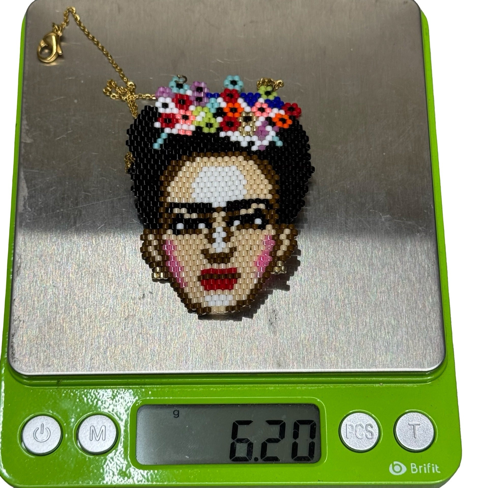 Handmade Beaded Frida Kahlo Pendant Necklace 14K Gold Chain Colorful Floral 18"
