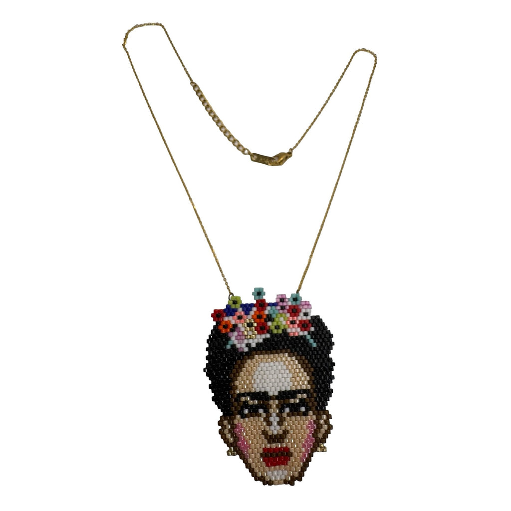 Handmade Beaded Frida Kahlo Pendant Necklace 14K Gold Chain Colorful Floral 18"