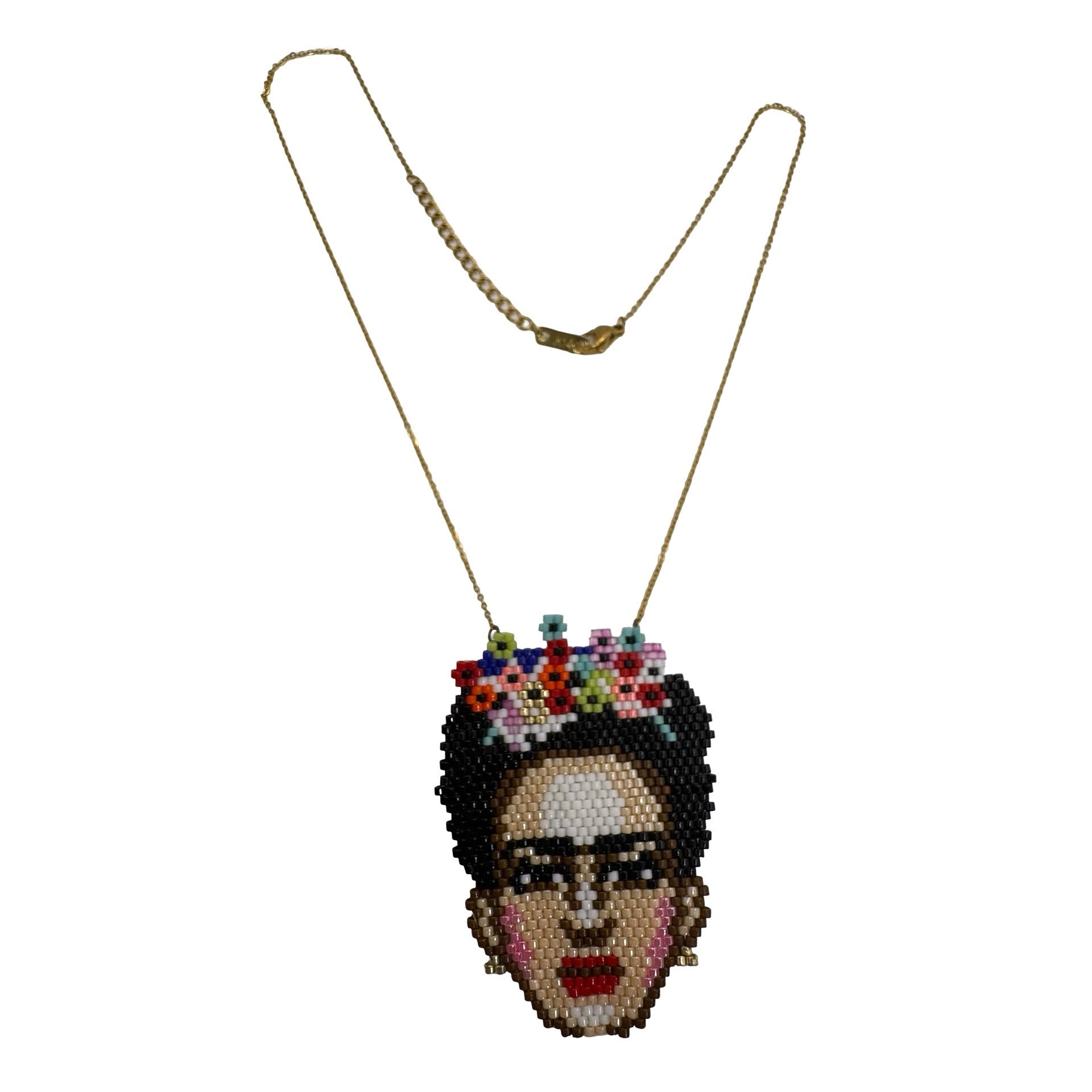 Handmade Beaded Frida Kahlo Pendant Necklace 14K Gold Chain Colorful Floral 18"