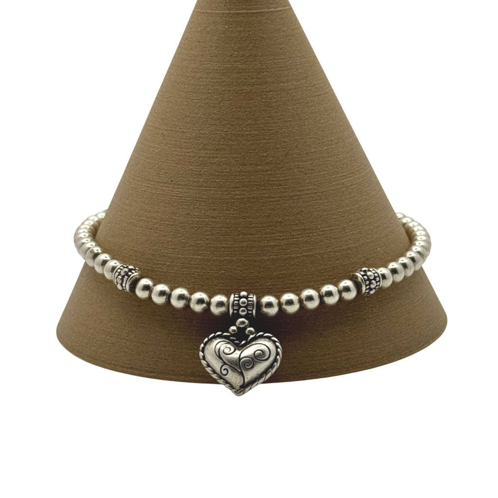 Brighton Meridian Heart Charm Bracelet Silver Beaded Retired 7" 8" Ball Chain 925