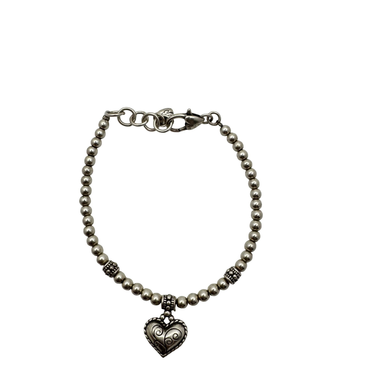 Brighton Meridian Heart Charm Bracelet Silver Beaded Retired 7" 8" Ball Chain 925