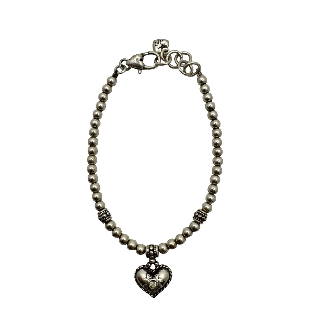 Brighton Meridian Heart Charm Bracelet Silver Beaded Retired 7" 8" Ball Chain 925
