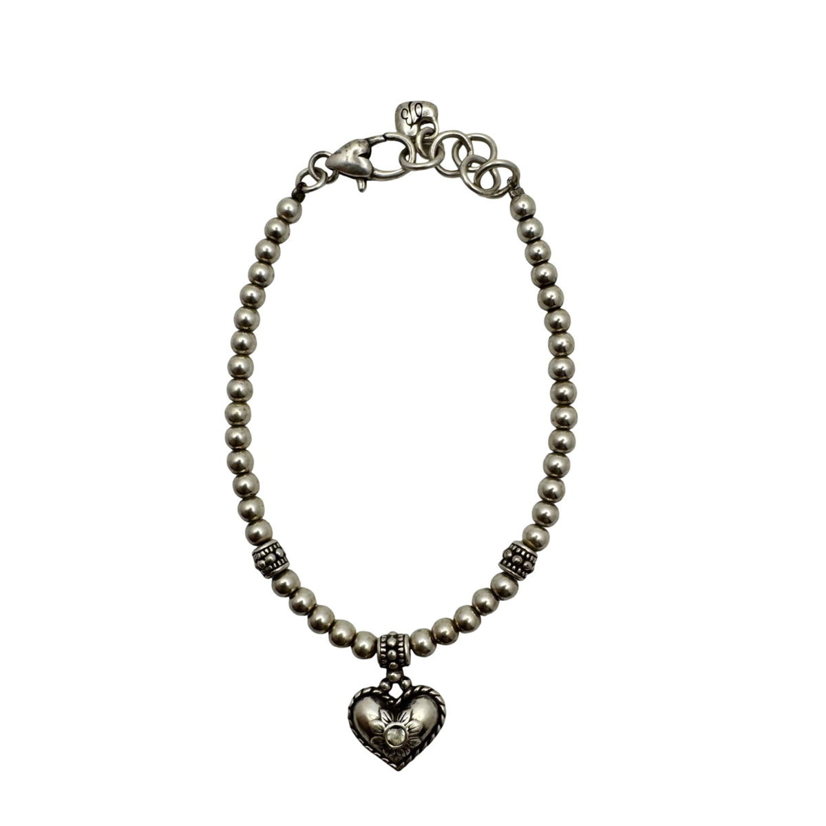 Brighton Meridian Heart Charm Bracelet Silver Beaded Retired 7" 8" Ball Chain 925