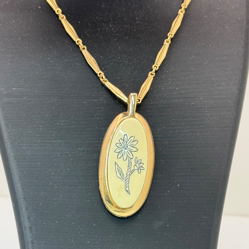 Caroline Enamel Flower Gold-Tone Oval Pendant Necklace Floral 25" Chain Vintage