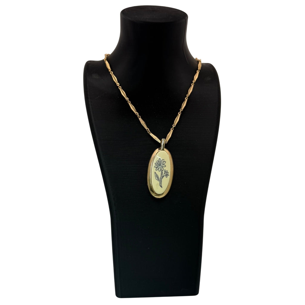 Caroline Enamel Flower Gold-Tone Oval Pendant Necklace Floral 25" Chain Vintage