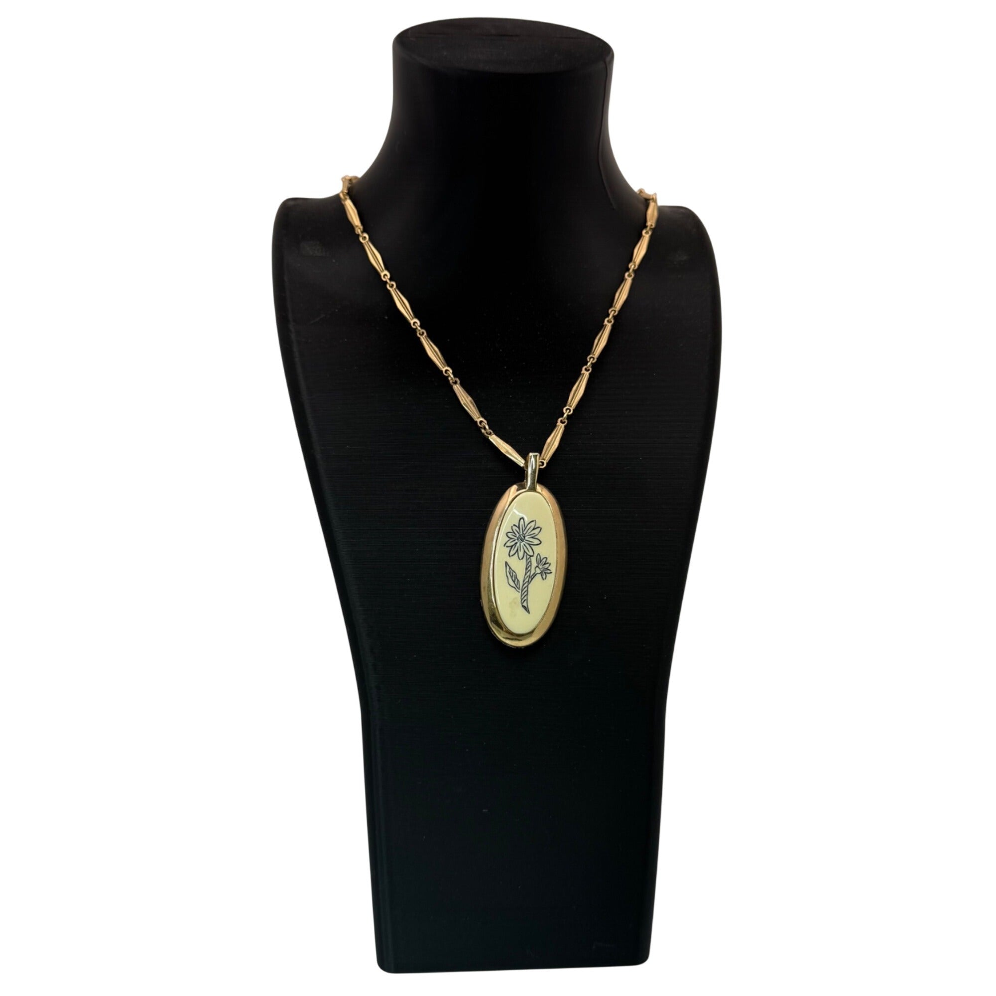 Caroline Enamel Flower Gold-Tone Oval Pendant Necklace Floral 25" Chain Vintage