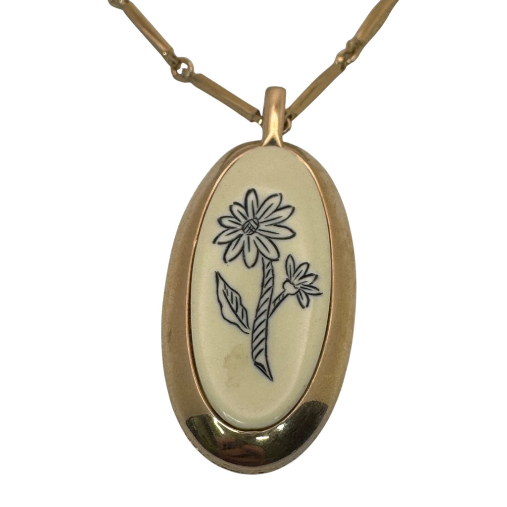 Caroline Enamel Flower Gold-Tone Oval Pendant Necklace Floral 25" Chain Vintage