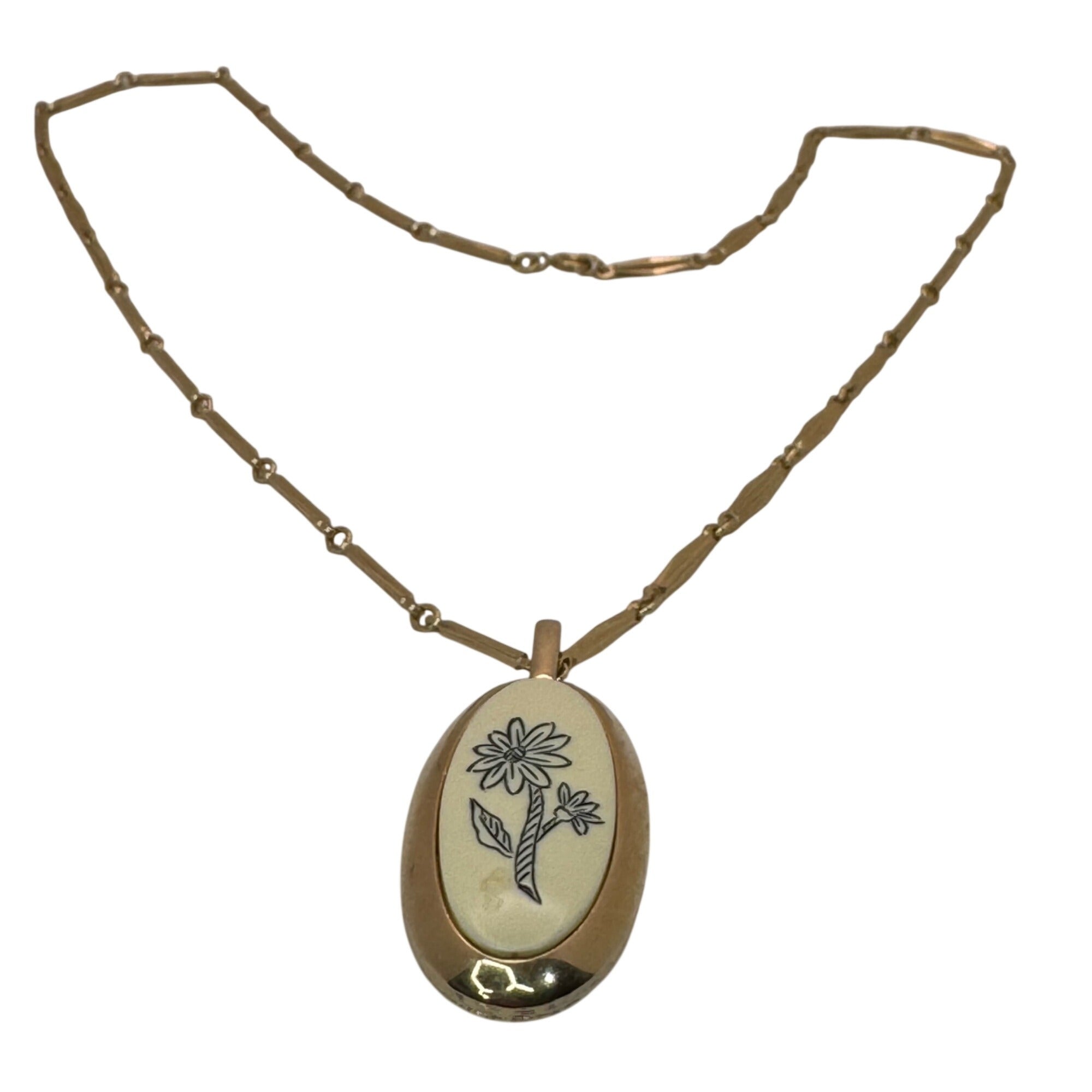 Caroline Enamel Flower Gold-Tone Oval Pendant Necklace Floral 25" Chain Vintage
