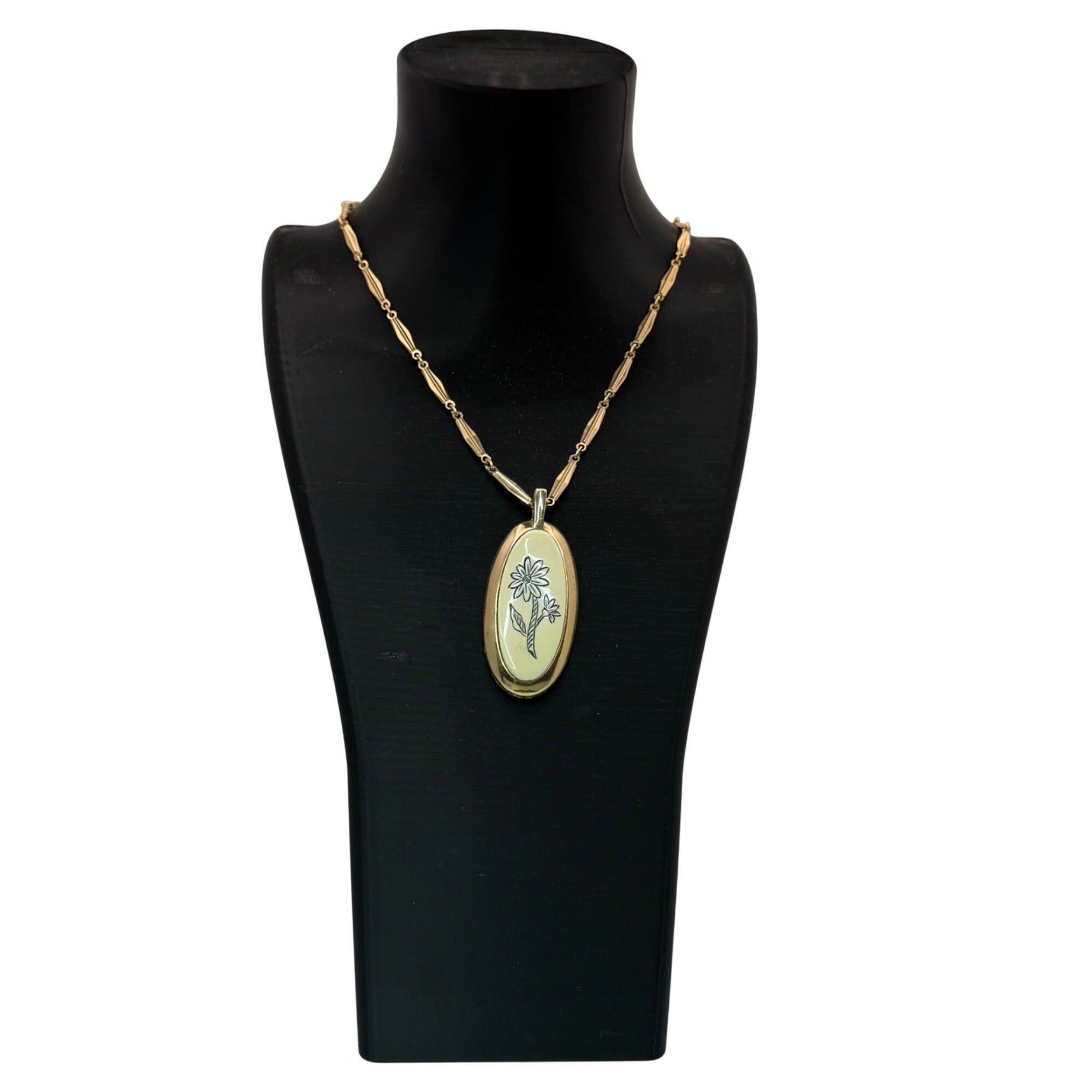 Caroline Enamel Flower Gold-Tone Oval Pendant Necklace Floral 25" Chain Vintage