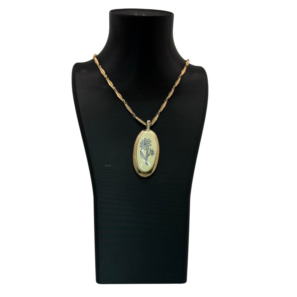 Caroline Enamel Flower Gold-Tone Oval Pendant Necklace Floral 25" Chain Vintage