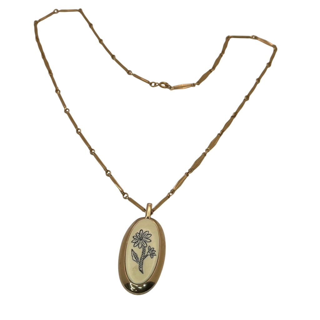Caroline Enamel Flower Gold-Tone Oval Pendant Necklace Floral 25" Chain Vintage