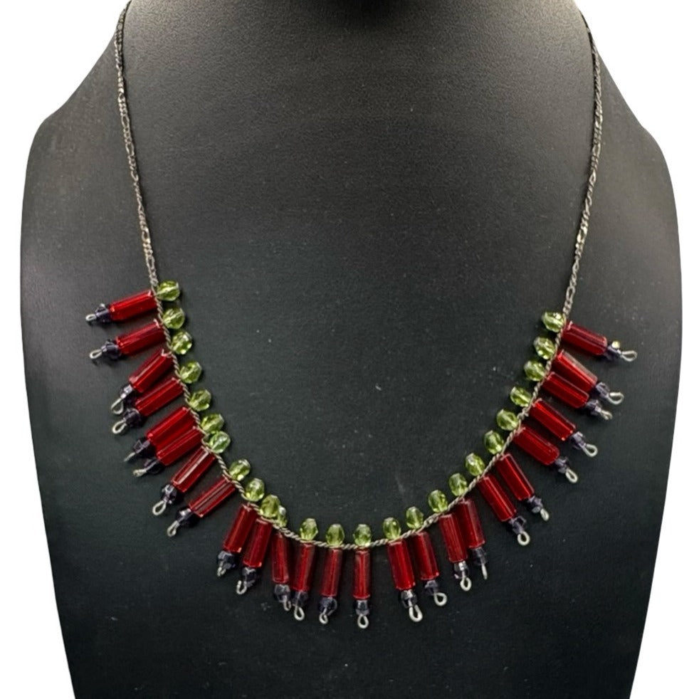 Vtg Art Deco Beaded Necklace Red Green Glass Beads Lobster Clasp 16" Victorian