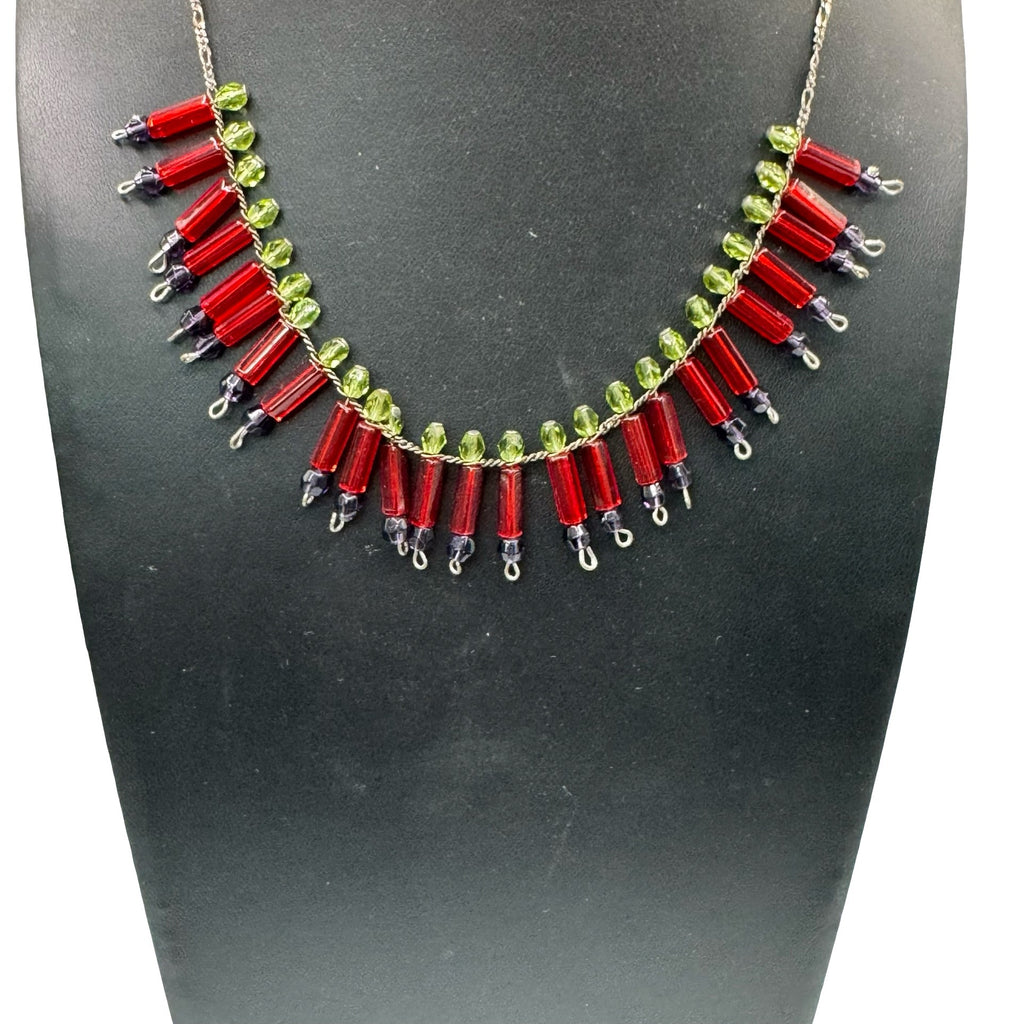 Vtg Art Deco Beaded Necklace Red Green Glass Beads Lobster Clasp 16" Victorian