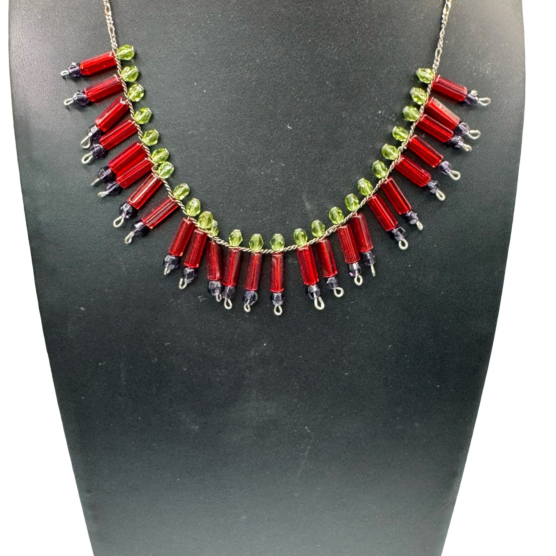Vtg Art Deco Beaded Necklace Red Green Glass Beads Lobster Clasp 16" Victorian