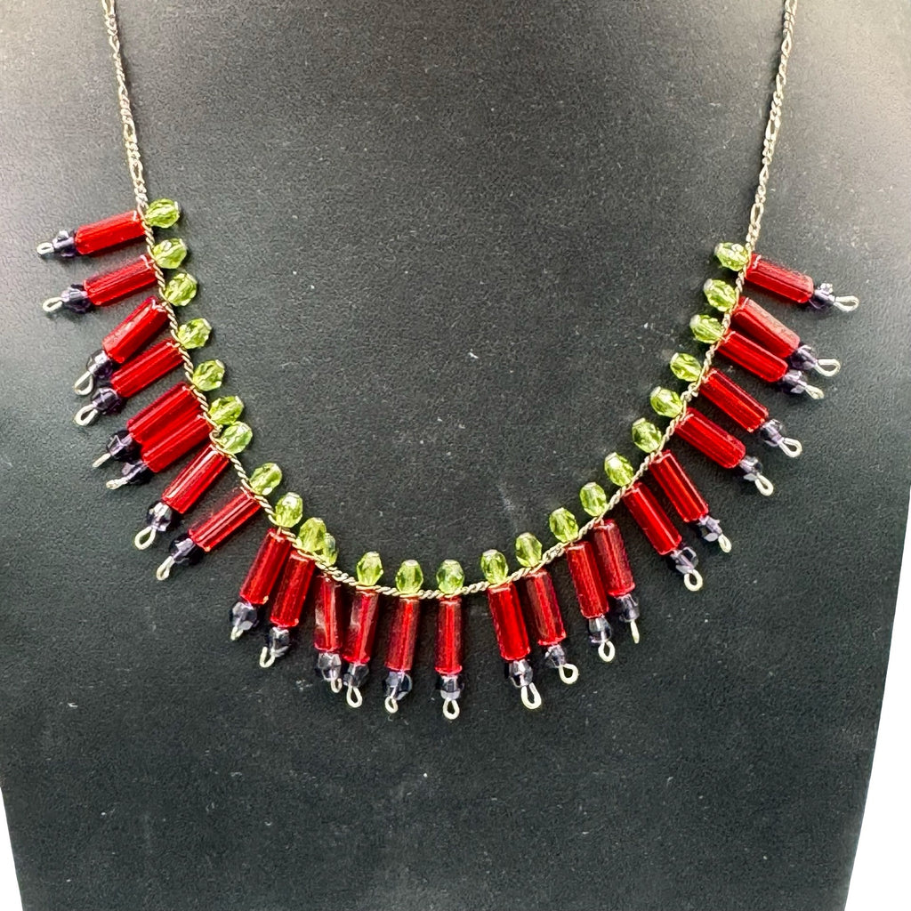 Vtg Art Deco Beaded Necklace Red Green Glass Beads Lobster Clasp 16" Victorian