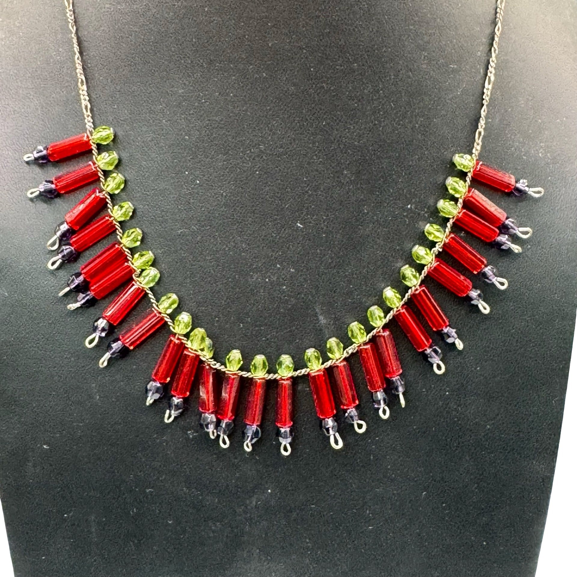 Vtg Art Deco Beaded Necklace Red Green Glass Beads Lobster Clasp 16" Victorian