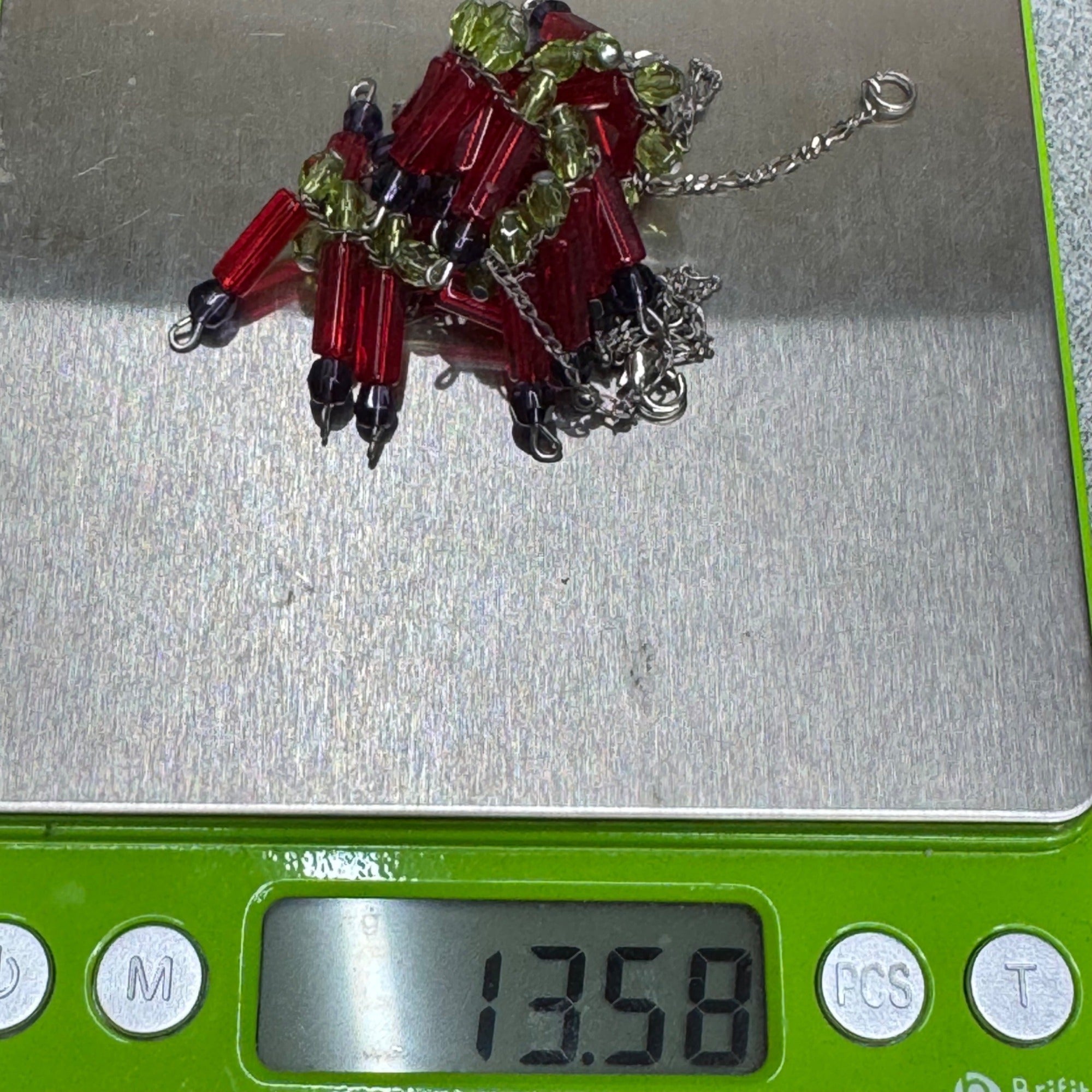 Vtg Art Deco Beaded Necklace Red Green Glass Beads Lobster Clasp 16" Victorian