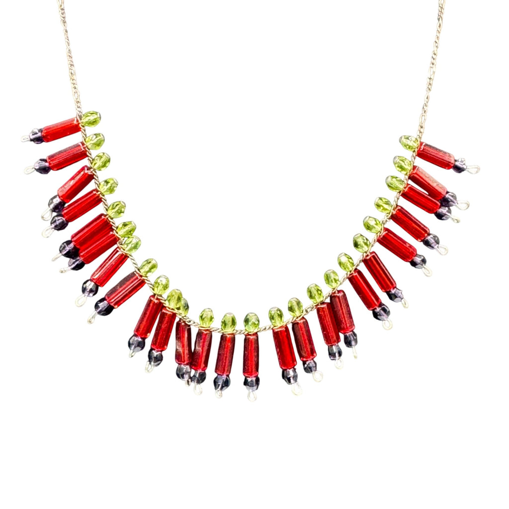 Vtg Art Deco Beaded Necklace Red Green Glass Beads Lobster Clasp 16" Victorian