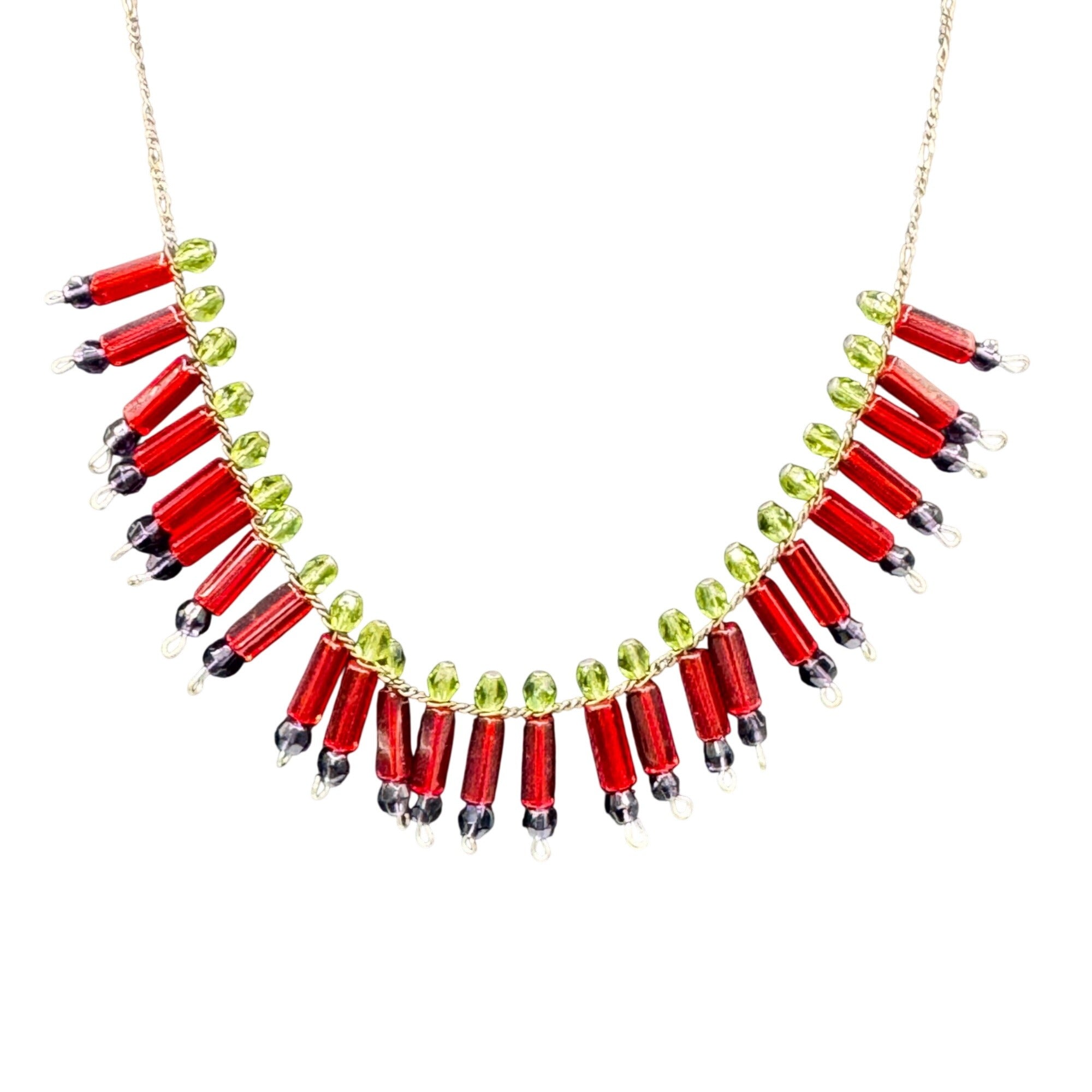 Vtg Art Deco Beaded Necklace Red Green Glass Beads Lobster Clasp 16" Victorian