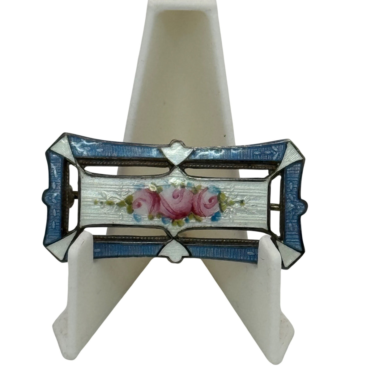 Blue Enamel Sterling Silver Guilloche Bar Pin Hand-Painted Pink Roses Vintage