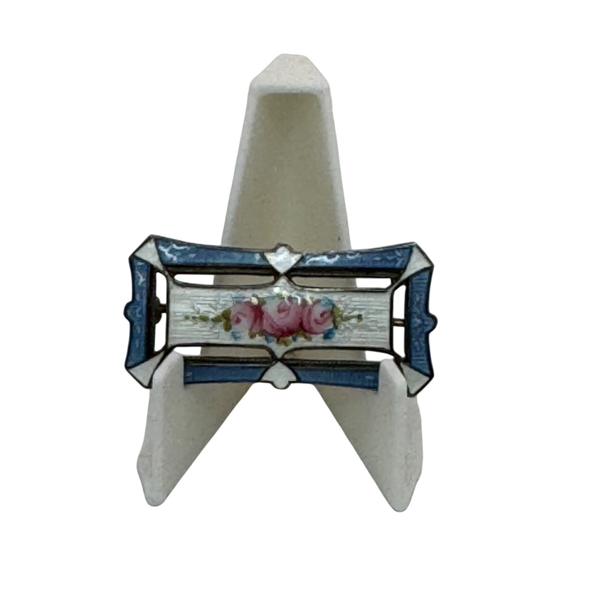 Blue Enamel Sterling Silver Guilloche Bar Pin Hand-Painted Pink Roses Vintage