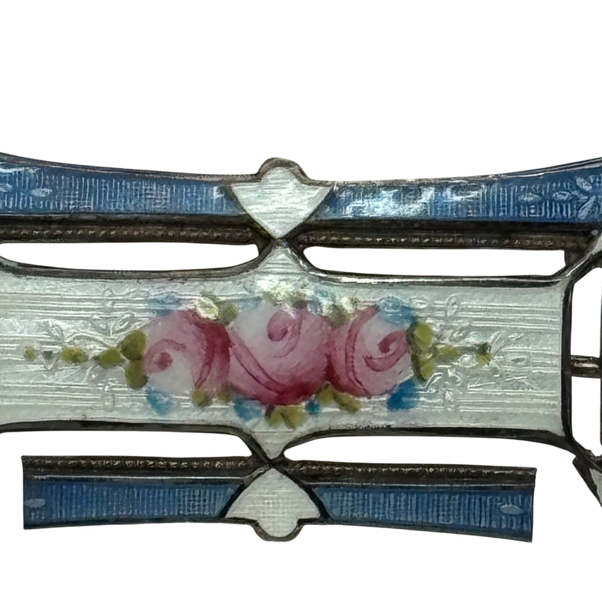 Blue Enamel Sterling Silver Guilloche Bar Pin Hand-Painted Pink Roses Vintage