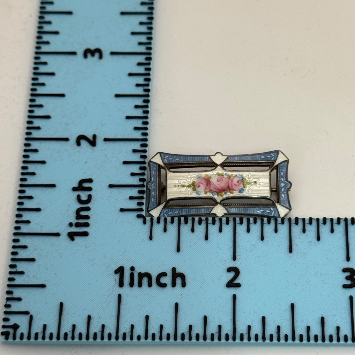 Blue Enamel Sterling Silver Guilloche Bar Pin Hand-Painted Pink Roses Vintage