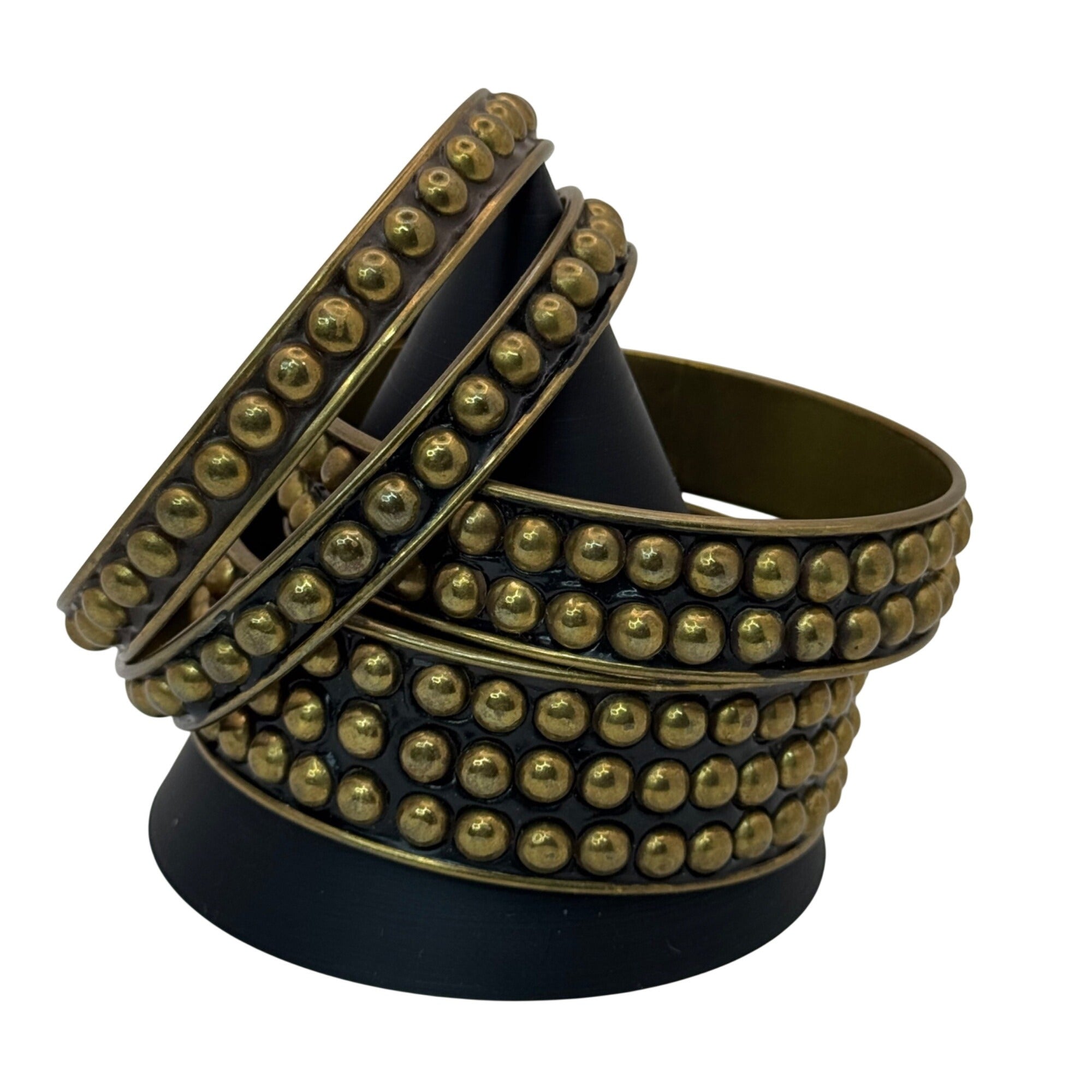 Set Of 4 Brass MCM Brutalist Lot Studded Bangles 7.75-8.25" Boho Stacking
