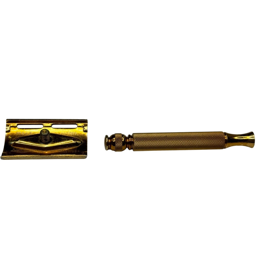 GILLETTE 3 Piece Gold Plated Brass Ball End TECH Safety Razor Estate Vintage