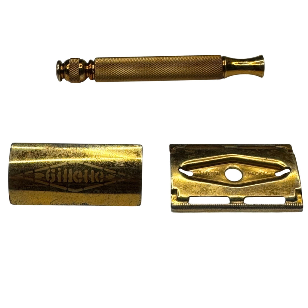 GILLETTE 3 Piece Gold Plated Brass Ball End TECH Safety Razor Estate Vintage