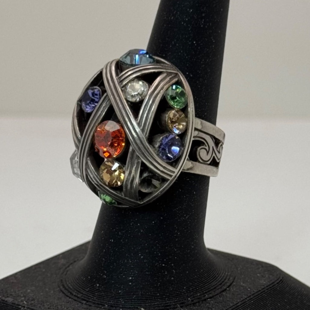 Brighton Multicolor Gemstone Silver Ring Scroll Swirl Band Design Sz 7 Statement