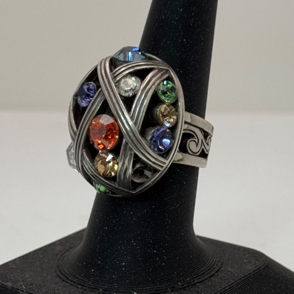 Brighton Multicolor Gemstone Silver Ring Scroll Swirl Band Design Sz 7 Statement