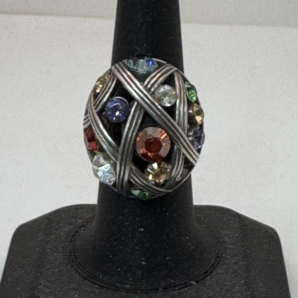 Brighton Multicolor Gemstone Silver Ring Scroll Swirl Band Design Sz 7 Statement