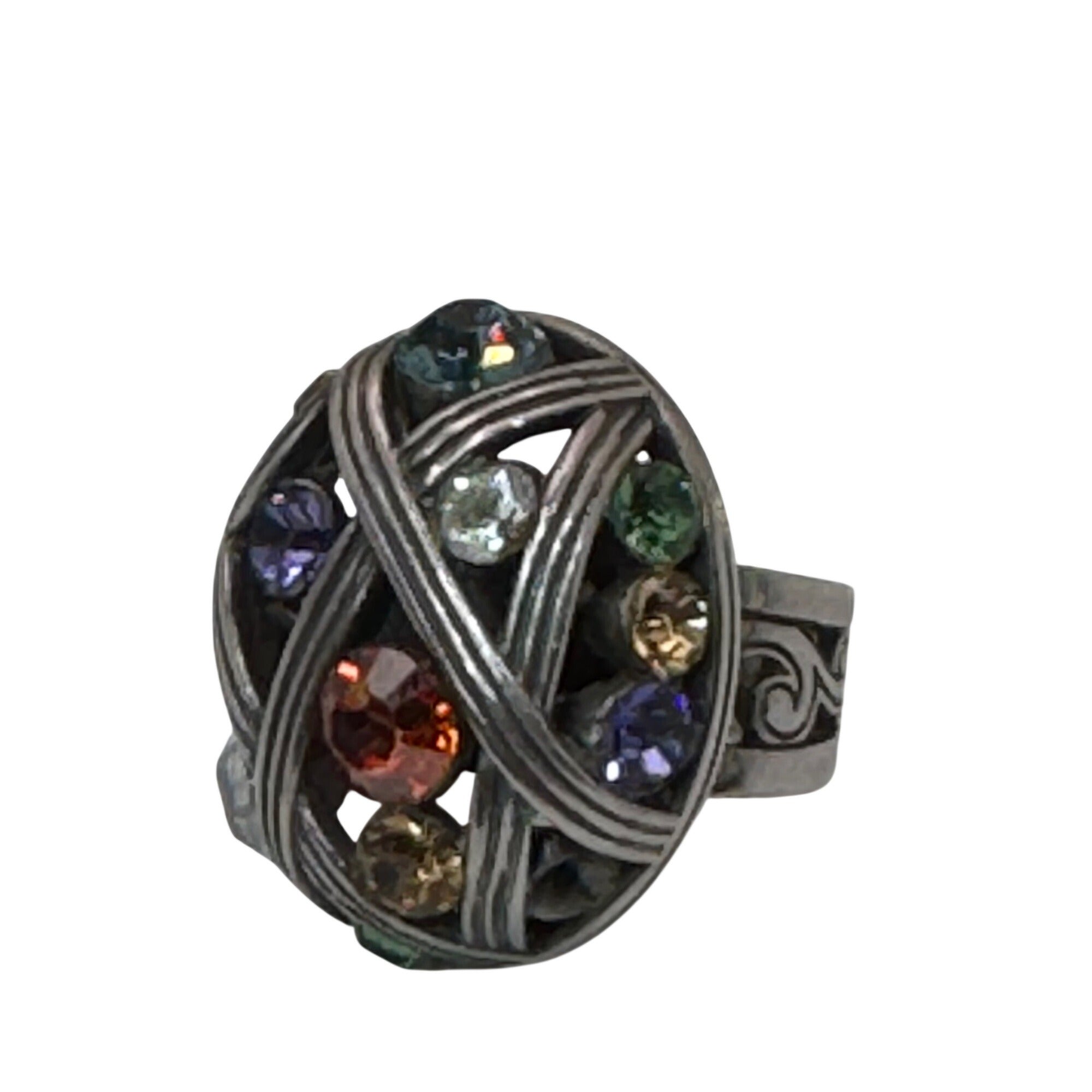 Brighton Multicolor Gemstone Silver Ring Scroll Swirl Band Design Sz 7 Statement