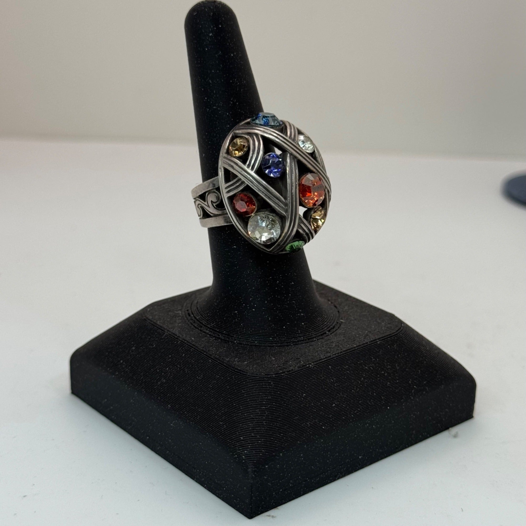 Brighton Multicolor Gemstone Silver Ring Scroll Swirl Band Design Sz 7 Statement