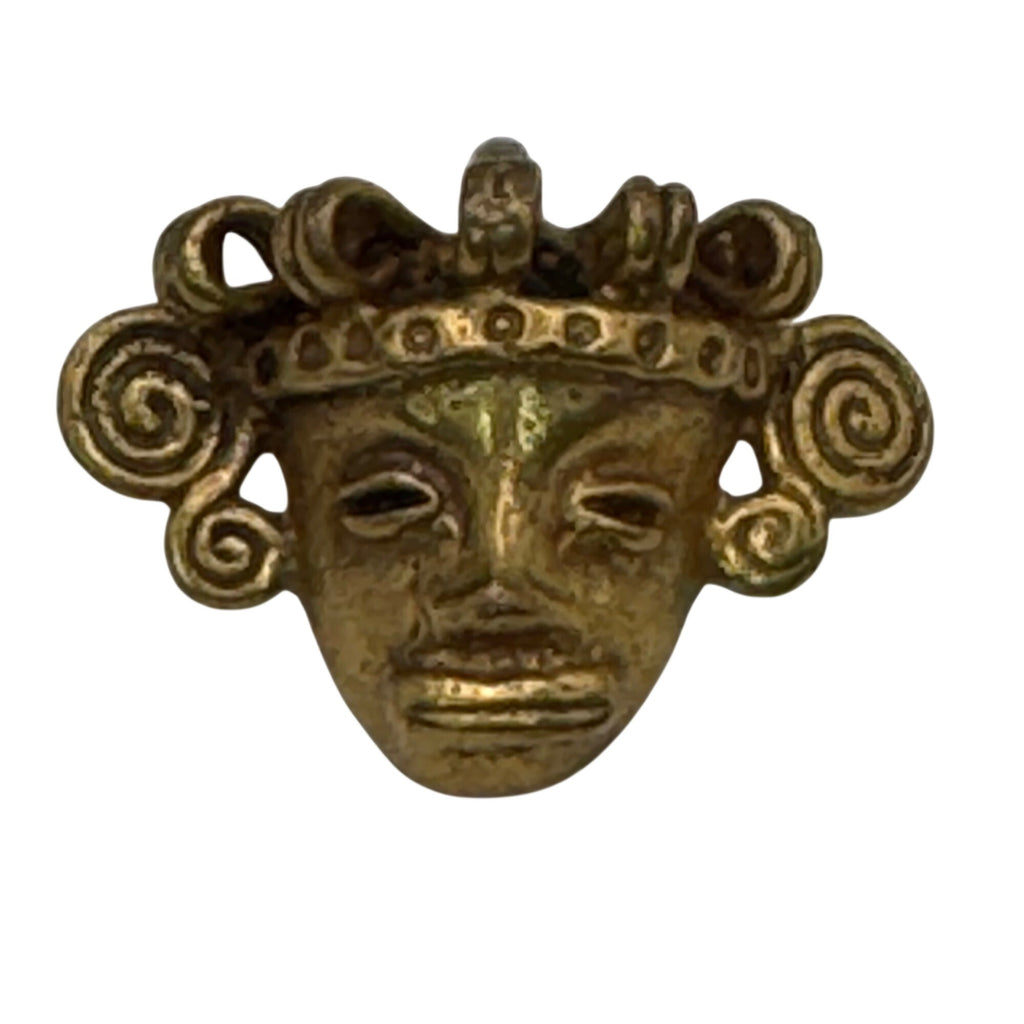 Vintage Gold-Toned Brass Aztec Mayan Totec Mask Pendant 1.25" Heavy RARE