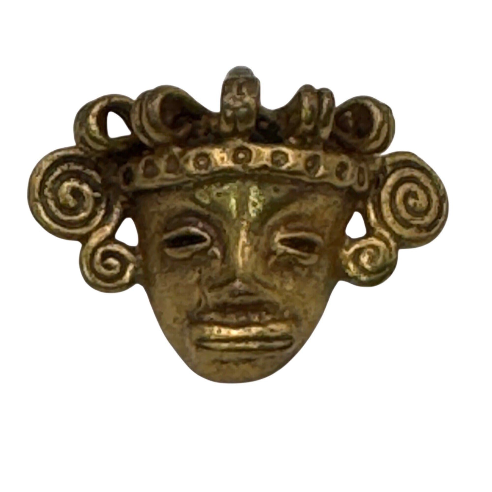 Vintage Gold-Toned Brass Aztec Mayan Totec Mask Pendant 1.25" Heavy RARE