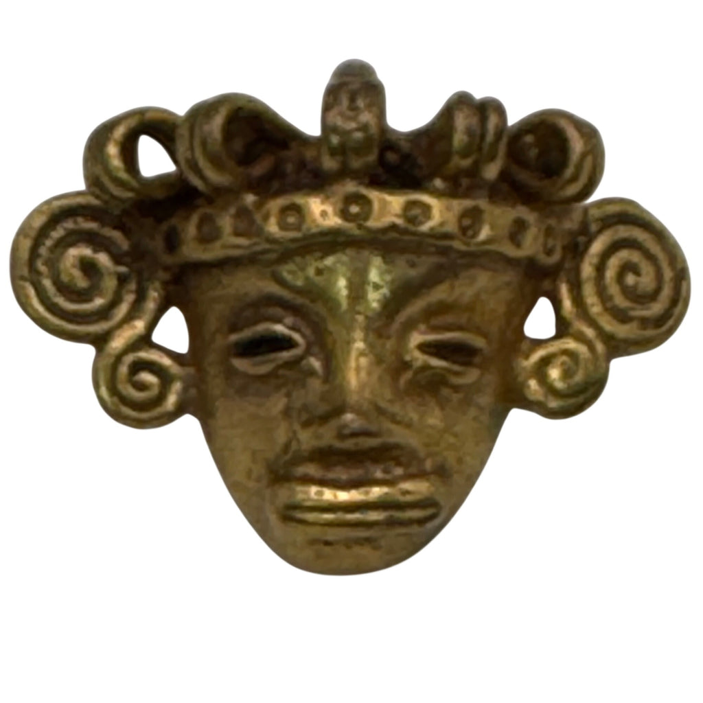 Vintage Gold-Toned Brass Aztec Mayan Totec Mask Pendant 1.25" Heavy RARE