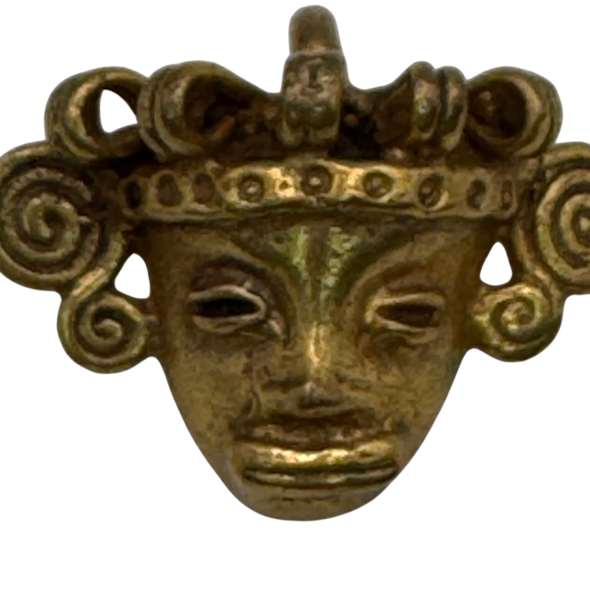 Vintage Gold-Toned Brass Aztec Mayan Totec Mask Pendant 1.25" Heavy RARE