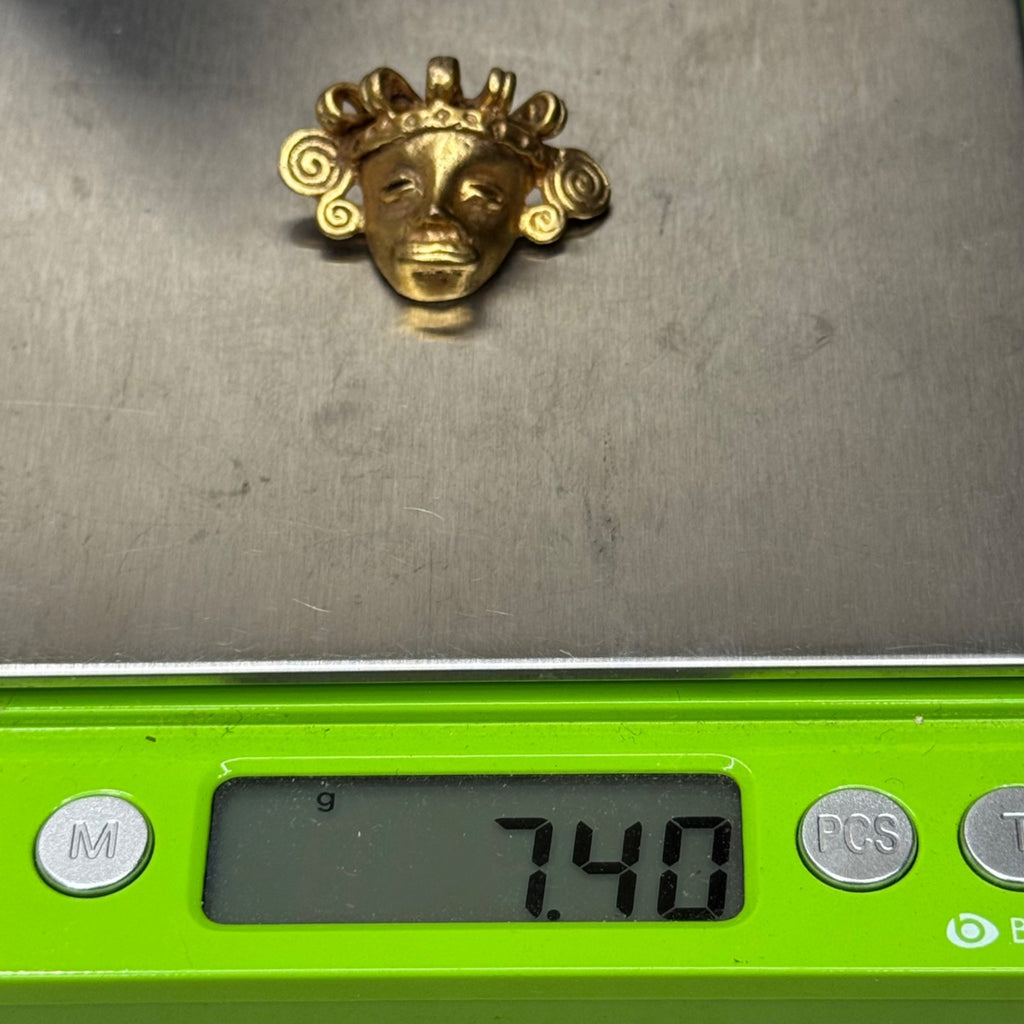 Vintage Gold-Toned Brass Aztec Mayan Totec Mask Pendant 1.25" Heavy RARE