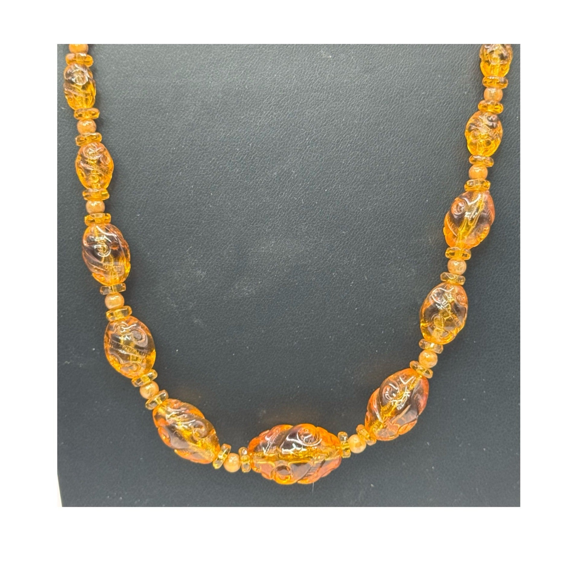 Vintage Amber Glass Beaded Necklace Carved Spiral Barrel Clasp 24" Statement