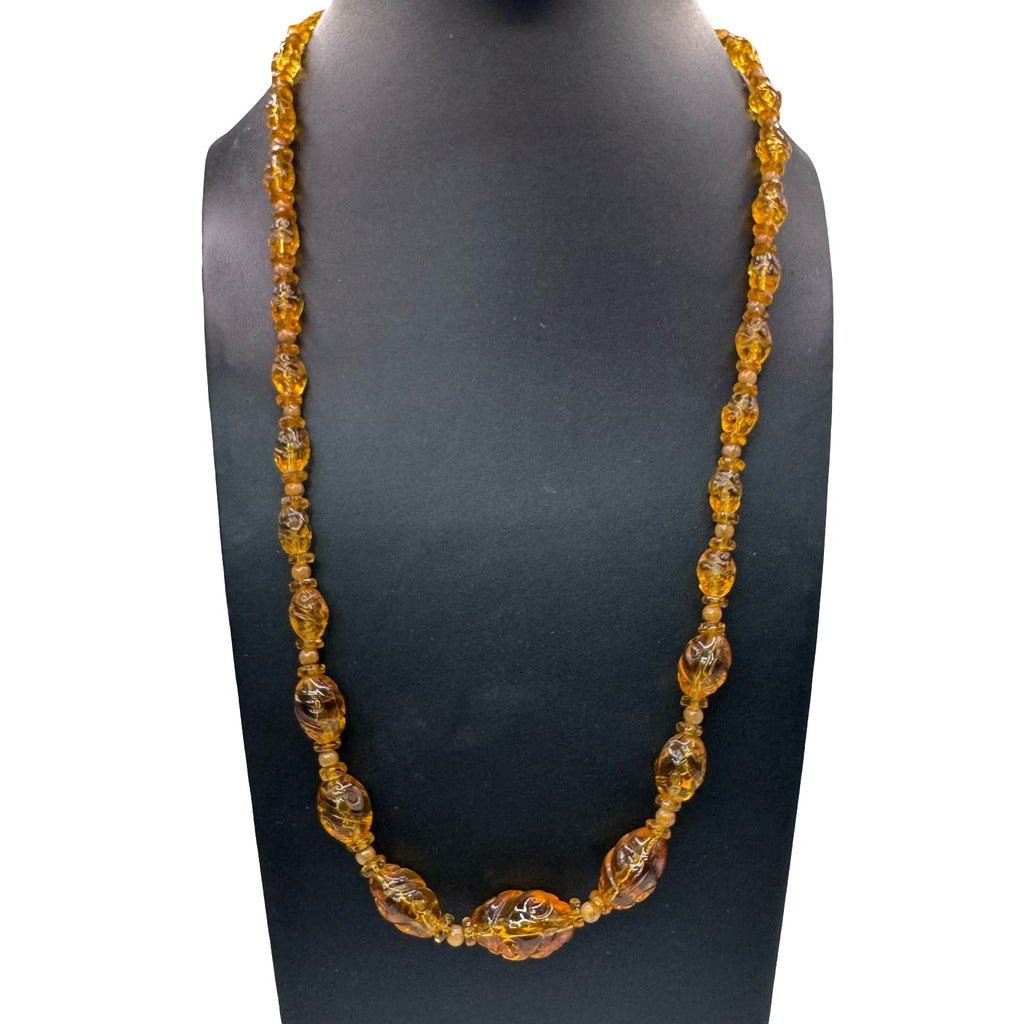 Vintage Amber Glass Beaded Necklace Carved Spiral Barrel Clasp 24" Statement