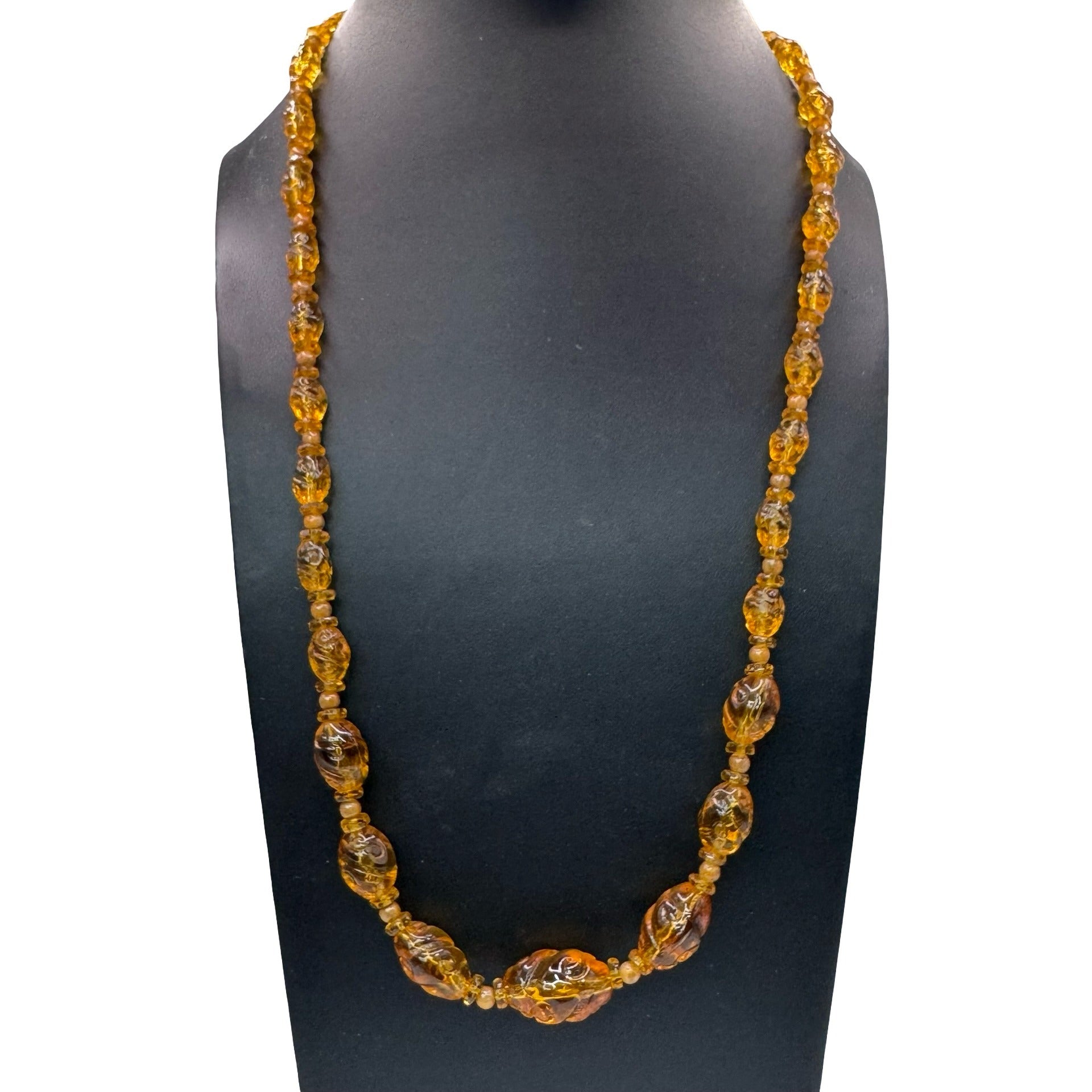 Vintage Amber Glass Beaded Necklace Carved Spiral Barrel Clasp 24" Statement