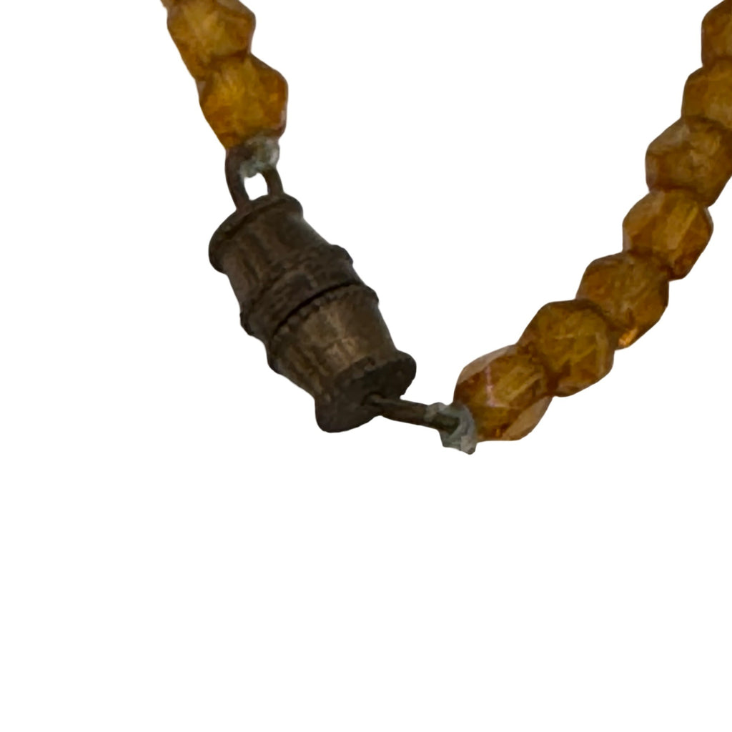Vintage Amber Glass Beaded Necklace Carved Spiral Barrel Clasp 24" Statement
